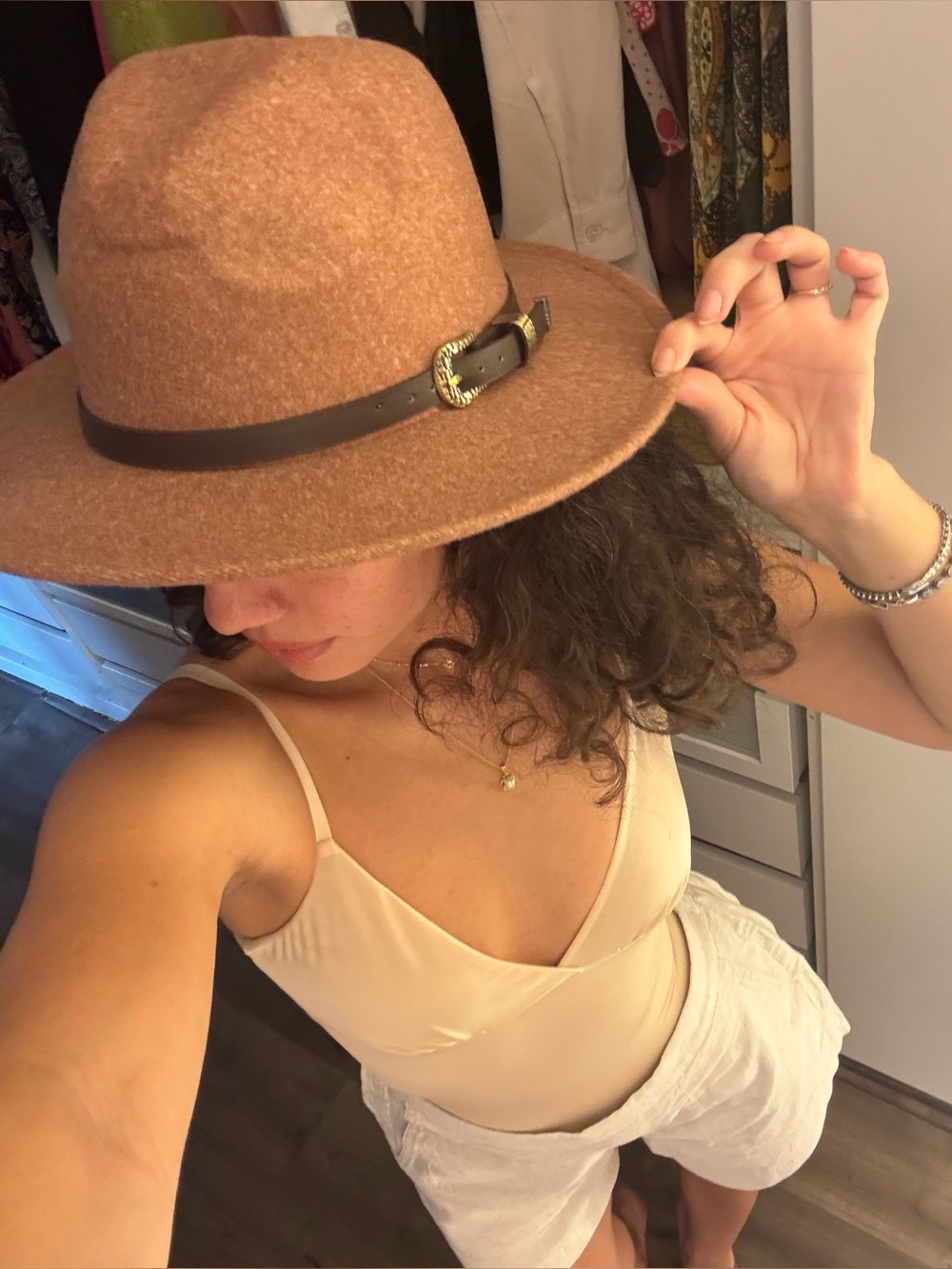 Womens Brown Felt Fedora Hat with Decorative Buckle